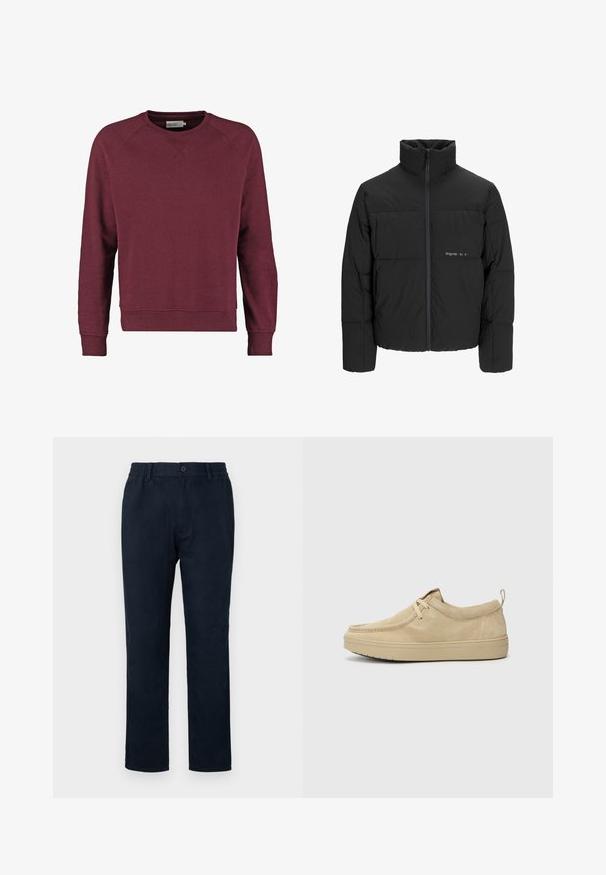 Chaqueta acolchada negra con un alto cuello, cierre frontal de cremallera y diseño acolchado. Tejido suave con un logo sutil en el pecho.; Sudadera burdeos con cuello redondo, mangas raglán, puños y bajo de canalé, hecha de una suave mezcla de algodón.; Chinos navy con cintura elástica, cierre frontal de botón y diseño de pierna recta. Textura suave sin patrones visibles.; Zapatos slip-on de ante beige con punta redondeada, costuras mínimas y suela de goma. Textura suave con un sutil acento de marca en el talón.