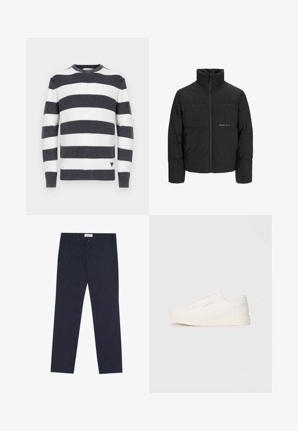 Črni pufast plašč z visokim ovratnikom, sprednjim zadrgo in prešitjem. Gladka tkanina z diskretnim logotipom na prsih.; Pulover s črtami v debelih mornarsko modrih in belih vodoravnih črtah; rebrasta struktura; okrogli izrez; majhen trikotni poudarek na robu.; Mornarsko modri chino hlače iz bombaža z gladko teksturo, z zadrgo, pasom za pas in stranskimi žepi za funkcionalnost.; Bele zapete brez vezalk z teksturirano površino, debelim podplatom in minimalističnim dizajnom. Na strani se nahaja logotip blagovne znamke.