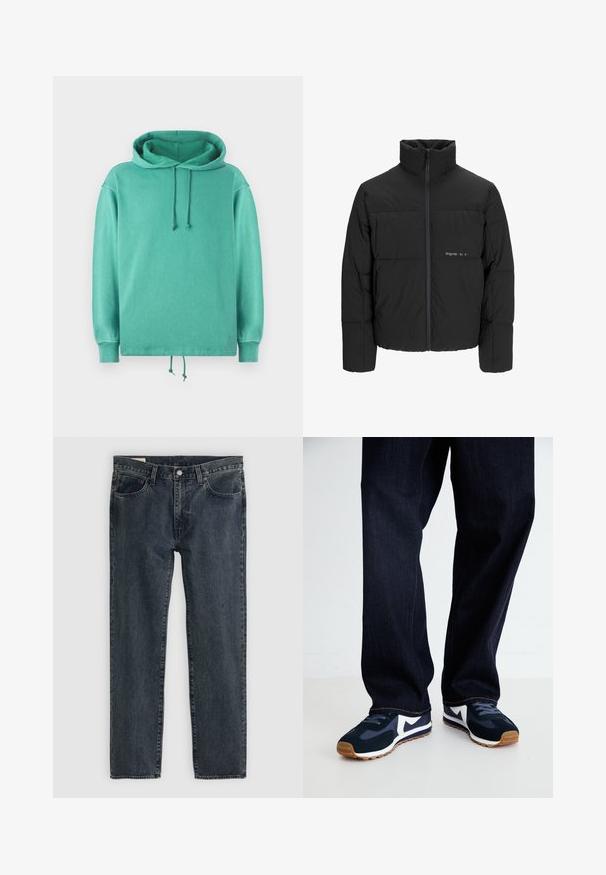 Črni pufast plašč z visokim ovratnikom, sprednjim zadrgo in prešitjem. Gladka tkanina z diskretnim logotipom na prsih.; Hoodie v mint zeleni barvi, izdelan iz mehkega blaga, z ohlapnim krojem, širokim izrezom, z vrvicami in rebrastimi manšetami.; Temno modri kavbojki z ravnim krojem, petimi žepi in zaklepanjem na gumb. Tkanina ima subtilno bledenje in teksturo.; Mornarsko modri in beli športni čevlji z teksturiranim zgornjim delom, vezalkami in gumijastim podplatom, v kombinaciji s temno denim hlačami z oranžnim šivom.