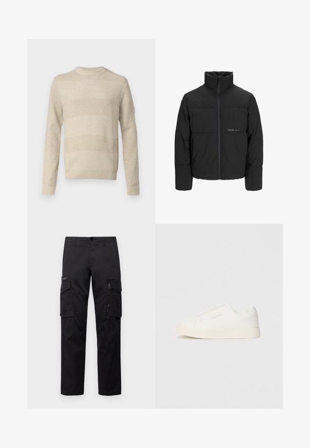 Zwarte pufferjas met een hoge kraag, ritssluiting aan de voorkant en een quilted design. Glad materiaal met een subtiel logo op de borst.; Beige gebreide trui met horizontale strepen, ronde halslijn en textuurdetails op de sleeves en het lichaam. Voorzien van geribbelde manchetten en zoom.; Zwarte cargobroek met meerdere zakken, een ritszak op de dij, rechte pasvorm en stevige katoen met een subtiele glans.; Witte instap sneakers met een gestructureerd oppervlak, een dikke zool en een minimalistisch ontwerp. Bevat het merklogo aan de zijkant.