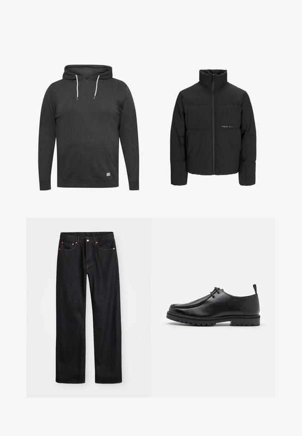 Svart boblejakke med høy krage, frontåpning med glidelås og kviltet design. Glatt stoff med en subtil logo på brystet.; Mørkegrå hettegenser laget av myk, blandet stoff. Har en lomme foran, justerbare snører og ribbestrikkede mansjetter og kant.; Men's straight-leg svarte denim jeans med fem lommer og oransje søm, knapp og glidelås lukking foran på midjen.; Svarte lær snøreleste sko med en robuste såle og en trekkesløyfe på hælen, vist fra siden på en hvit bakgrunn.
