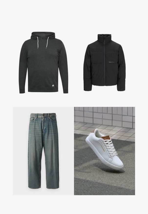 Crna puffer jakna s visokim ovratnikom, prednjim zatvaračem i kviltanim dizajnom. Glatka tkanina s suptilnim logotipom na prsima.; Tamno siva dukserica napravljena od mekog, kombiniranog materijala. Ima prednji dzep, podesive vezice i rebraste manšete i rub.; Svijetloplave traperice s širokim krojem, srednjim pojasom i ravnim nogavicama. Ima pet džepova, petlje za remen i kopčanje na gumb.; Bijele kožne tenisice s glatkom teksturom, smeđi akcent na peti, zlatni logo sa strane i gumeni potplat s teksturiranim gripom.