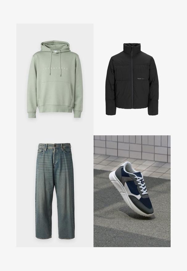 Black puffer jacket featuring a high collar, front zip closure, and quilted design. Smooth fabric with a subtle logo on the chest.; Light green hoodie with a front pocket, adjustable drawstring hood, and white "JACK & JONES" logo across the chest. Smooth texture.; Light blue denim jeans with a loose fit, mid-rise waist, and straight legs. Features five pockets, belt loops, and a button closure.; Sneaker featuring a navy blue mesh upper, gray suede accents, white rubber sole, and flat white laces, designed for comfort and breathability.