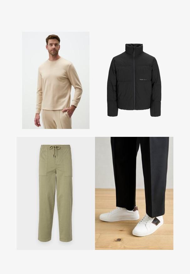 Giubbotto bomber nero con colletto alto, chiusura frontale con zip e design trapuntato. Tessuto liscio con un logo discreto sul petto.; Camicia beige a maniche lunghe in tessuto morbido con scollatura rotonda, dotata di polsini a costine e vestibilità comoda, abbinata a pantaloni beige coordinati.; Pantaloni verde oliva chiaro realizzati in tessuto misto cotone, con una vita elasticizzata e cordoncino, e due ampie tasche laterali.; Sneakers bianchi dalla texture liscia, con dettagli in pelle marrone e particolari neri, abbinati a pantaloni neri su misura. Sfondo in parquet.