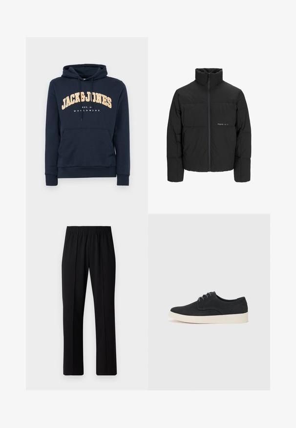 Schwarze Pufferjacke mit hohem Kragen, Front-Reißverschluss und gestepptem Design. Glattes Material mit dezentem Logo auf der Brust.; Dunkelblaues Hoodie mit einer vorderen Kängurutasche, Kapuze mit Kordelzug und weißem Logo-Text "JACK & JONES", der in Gelb über die Brust gewölbt ist.; Schwarze, Gummibund-Hosen mit geradem Schnitt, die eine glatte Textur aufweisen und keine sichtbaren Muster oder Beschläge haben.; Schwarzes Wildleder-Schnürschuh mit runder Spitze, leichtem cremfarbenem Sohlen und dezenten blauen Stickakzenten auf dem Obermaterial.