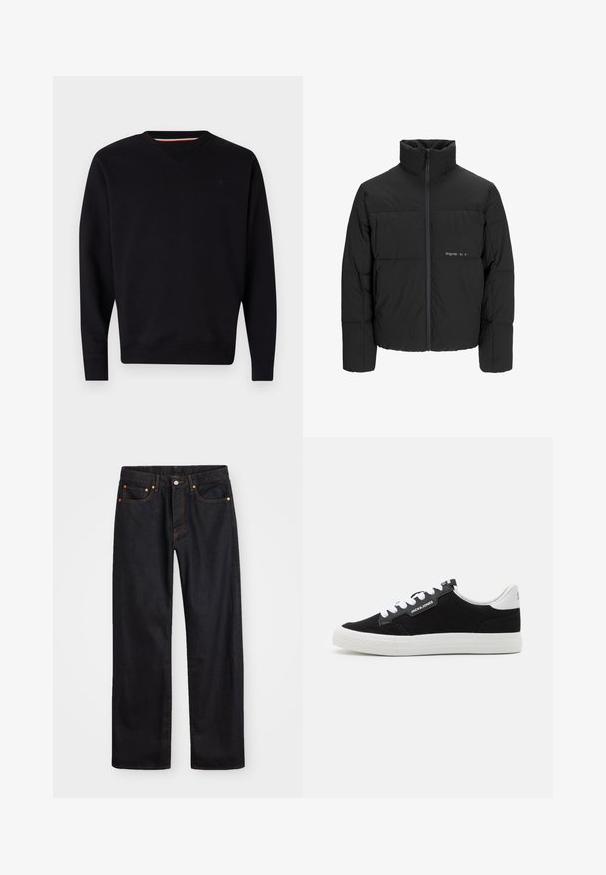Giubbotto bomber nero con colletto alto, chiusura frontale con zip e design trapuntato. Tessuto liscio con un logo discreto sul petto.; Replay Felpa - black; Jeans neri in denim dritto da uomo con cinque tasche e cuciture arancioni, chiusura con bottone e zip sulla vita anteriore.; Jack & Jones JFWMORDEN COMBO - Sneakers basse - anthracite