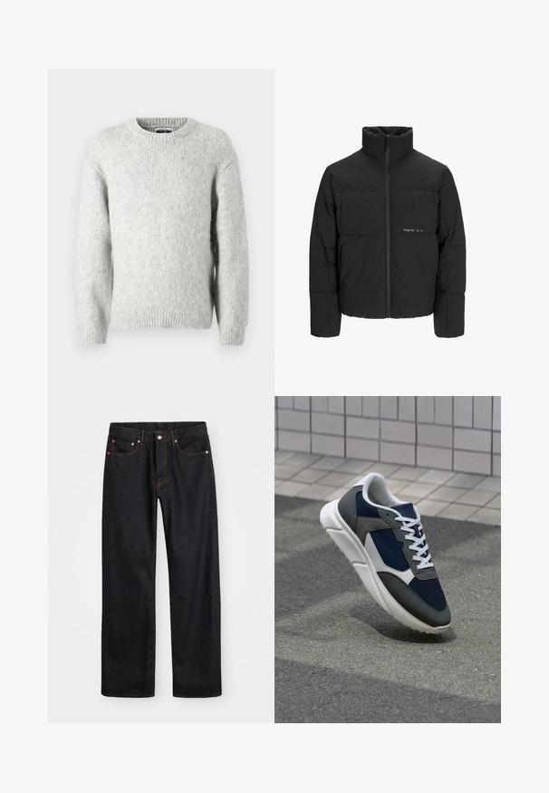 Čierna puffová bunda s vysokým golierom, predným zipsom a prešívaným dizajnom. Hladká tkanina s jemným logom na hrudi.; Jack & Jones JCOREFLEX FUZZY CREW NECK - Svetrík - light grey melange; Pánske rovné čierne riflové nohavice s piatimi vreckami a oranžovým prešívaním, s gombíkom a zipsom na prednom páse.; Tenisky s sieťovinou v námorníckej modrej farbe, so sivými semišovými detailmi, bielou gumovou podrážkou a plochými bielymi šnúrkami, navrhnuté pre pohodlie a priedušnosť.