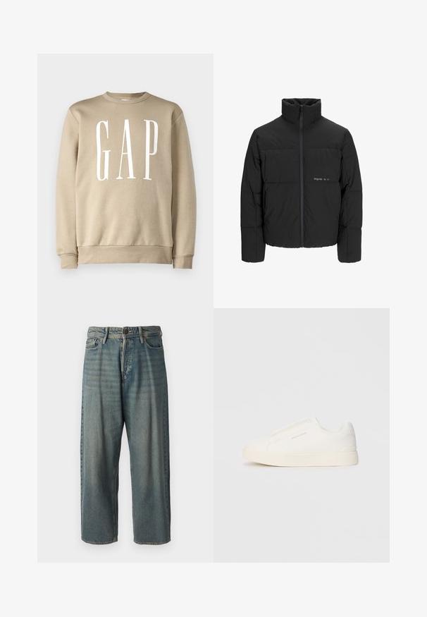 Black puffer jacket featuring a high collar, front zip closure, and quilted design. Smooth fabric with a subtle logo on the chest.; GAP Sweatshirt - khaki; Light blue denim jeans with a loose fit, mid-rise waist, and straight legs. Features five pockets, belt loops, and a button closure.; White slip-on sneakers with a textured surface, a thick sole, and minimalistic design. Features brand logo on the side.