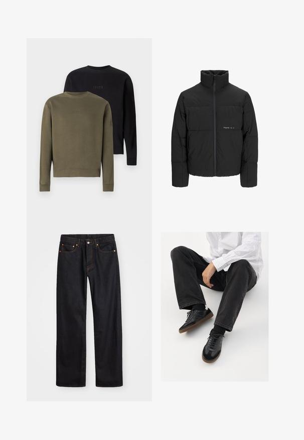 Giubbotto bomber nero con colletto alto, chiusura frontale con zip e design trapuntato. Tessuto liscio con un logo discreto sul petto.; Due felpe a girocollo sono esposte: una verde oliva e una nera. Entrambe presentano una ricamatura del logo in tonalità sul petto e polsini a coste.; Jeans neri in denim dritto da uomo con cinque tasche e cuciture arancioni, chiusura con bottone e zip sulla vita anteriore.; Sneaker nere con una tomaia liscia e testurizzata, con suola in gomma e lacci scuri. Abbinati a jeans neri e una camicia bianca a righe.