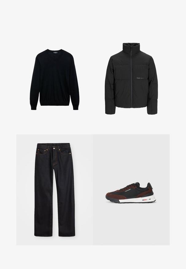Crna puffer jakna s visokim ovratnikom, prednjim zatvaračem i kviltanim dizajnom. Glatka tkanina s suptilnim logotipom na prsima.; Crna dukserica dugih rukava s V izrezom i rebrastim manžetama i rubom, prikazana na bijeloj pozadini.; Muške traperice ravnog kroja, crne boje, s pet džepova i narančastim šavovima, sa zatvaranjem na dugme i patentni zatvarač na prednjem dijelu struka.; Tommy Hilfiger RETRO RUNNER MIX - Tenisice - black/cocoa