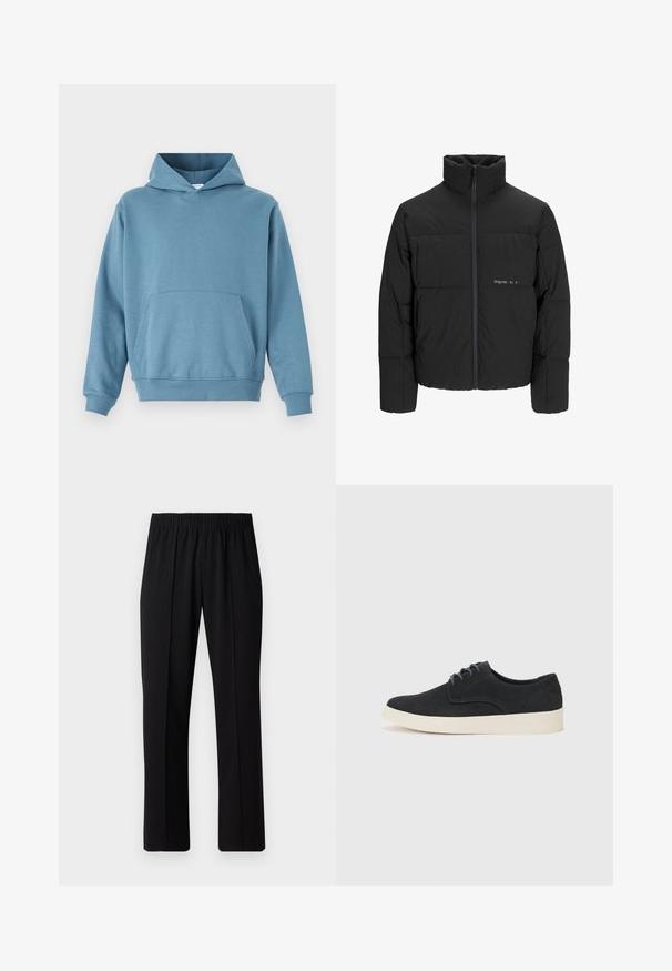 Doudoune noire avec un col haut, fermeture éclair sur le devant et design matelassé. Tissu lisse avec un logo subtil sur la poitrine.; Pull en coton bleu avec une poche avant, des manches longues et une capuche avec cordon de serrage. Texture lisse et poignets côtelés à l'ourlet et aux manches.; Pantalons noirs à taille élastique avec une coupe droite, présentant une texture lisse et sans motifs ni éléments visibles.; Chaussure en daim noir à lacets avec un bout arrondi, semelle légère crème et subtils accents de coutures bleues sur la tige.