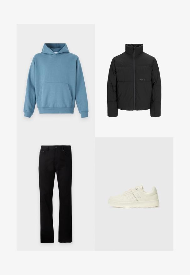 Crna puffer jakna s visokim ovratnikom, prednjim zatvaračem i kviltanim dizajnom. Glatka tkanina s suptilnim logotipom na prsima.; Plava pamučna dukserica s prednjim džepom, dugim rukavima i kapuljačom s izrezanom vrpcom. Glatka tekstura i rebrasti rubovi na hemu i rukavima.; Crne ravne traperice izrađene od denima, s prednjim zatvaranjem na gumb, dva bočna džepa i glatkom teksturom.; Kremasto bijele tenisice s perforiranim detaljima, vezicama i logotipom s bočne strane, prikazane na jednostavnoj bijeloj pozadini.