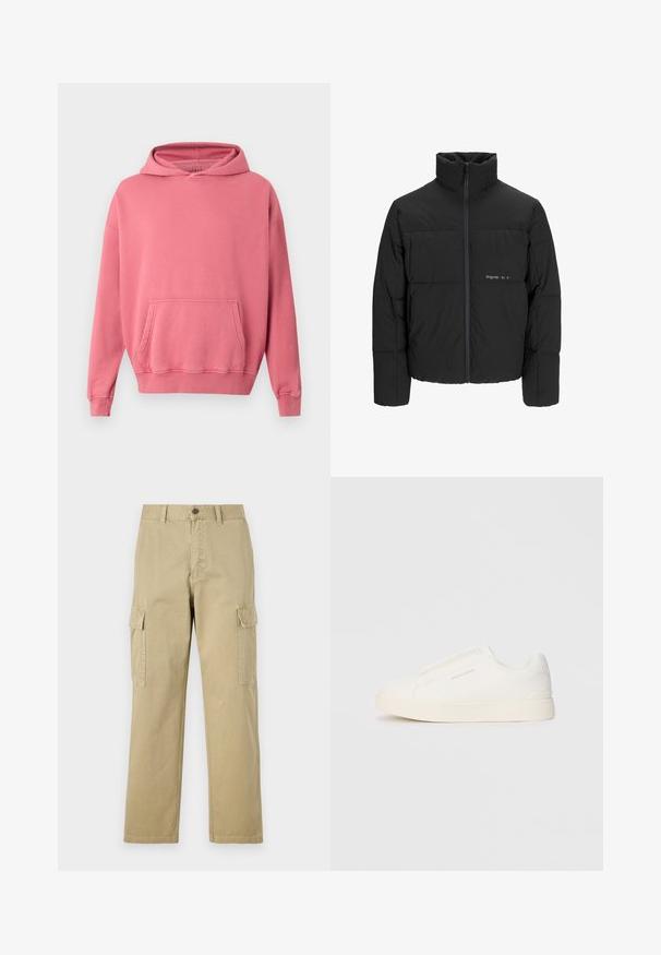 Schwarze Pufferjacke mit hohem Kragen, Front-Reißverschluss und gestepptem Design. Glattes Material mit dezentem Logo auf der Brust.; Rosa Kapuzenpullover mit Kängurutasche, gerippten Bündchen und Saum. Aus weichem, strukturiertem Stoff gefertigt. Einfaches Design, keine sichtbaren Logos oder Muster.; Beige Cargo-Hosen aus Baumwolle, mit zwei Seitentaschen, einem Knopfverschluss und geraden Beinen aus einem leicht strukturierten Stoff.; Weiße Slip-On-Sneaker mit einer strukturierten Oberfläche, dicker Sohle und minimalistischem Design. Mit Logo der Marke an der Seite.