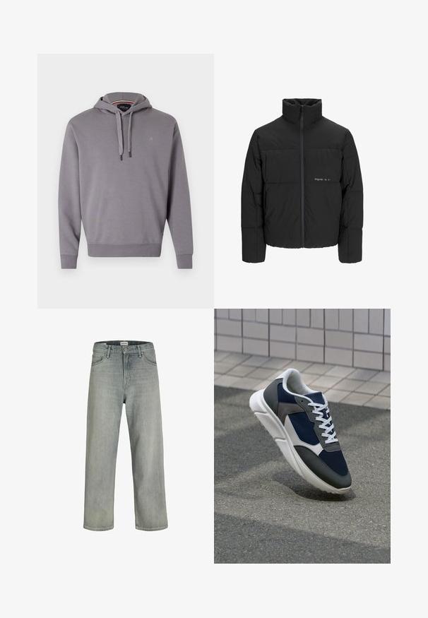 Černá péřová bunda s vysokým límcem, předním zipem a prošívaným designem. Hladká tkanina se subtilním logem na hrudi.; Šedá mikina s kapucí a šňůrkou, s ribbovanými manžetami a lemem, na hrudi s malým logem. Měkká látka s hladkým povrchem.; Svetle šedé, volné džíny z denimu. Mají klasický design se pěti kapsami, poutky na opasek a rovný siluetu nohavic.; Tenisky s horní částí z námornicky modré síťoviny, šedými semišovými akcenty, bílou gumovou podrážkou a plochými bílými tkaničkami, navržené pro pohodlí a prodyšnost.