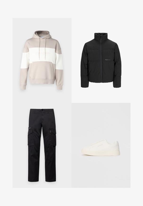 Black puffer jacket featuring a high collar, front zip closure, and quilted design. Smooth fabric with a subtle logo on the chest.; Hooded sweatshirt in beige with white horizontal stripes. Features a front pocket and drawstring, made of soft cotton blend material.; Black cargo pants featuring multiple pockets, a zippered pocket on thigh, straight fit, and sturdy cotton fabric with slight sheen.; White slip-on sneakers with a textured surface, a thick sole, and minimalistic design. Features brand logo on the side.