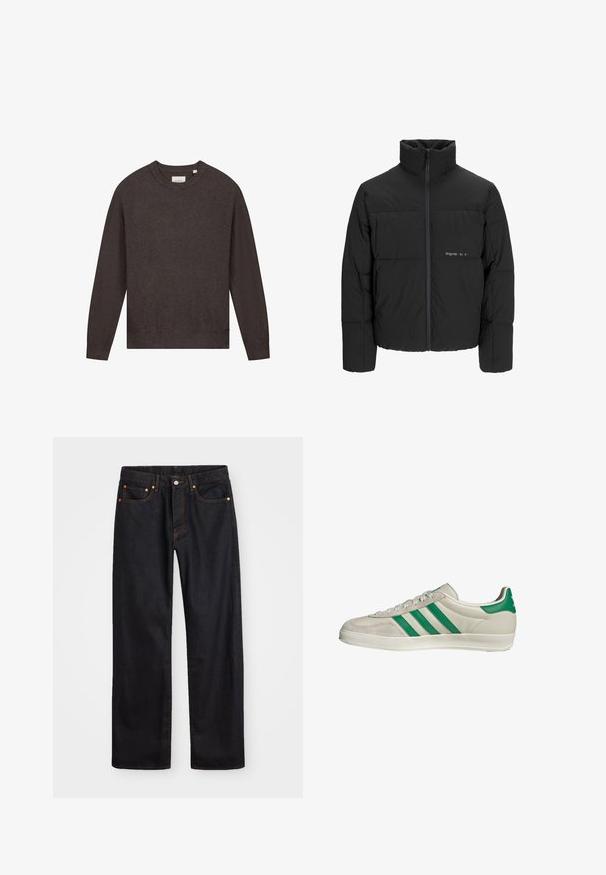 Giubbotto bomber nero con colletto alto, chiusura frontale con zip e design trapuntato. Tessuto liscio con un logo discreto sul petto.; Impossibile generare il testo alternativo; Jeans neri in denim dritto da uomo con cinque tasche e cuciture arancioni, chiusura con bottone e zip sulla vita anteriore.; Sneaker beige con strisce verdi, con suola bianca e tomaia in pelle liscia. Vista laterale che evidenzia i dettagli dei lacci e il logo.