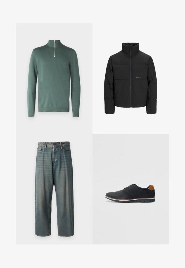 Schwarze Pufferjacke mit hohem Kragen, Front-Reißverschluss und gestepptem Design. Glattes Material mit dezentem Logo auf der Brust.; Only & Sons ONSALEX HALF ZIP - Strickpullover - chinois green; Helle blaue Denim-Jeans mit lockerer Passform, mittelhoher Taille und geraden Beinen. Hat fünf Taschen, Gürtelschlaufen und einen Knopfverschluss.; Schwarze synthetische Schuhe mit einer strukturierten Oberseite, glatten Akzenten, braunem Absatz und einer kontrastierenden Sohle. Verfügt über minimale Schnürung und Nähdetails.