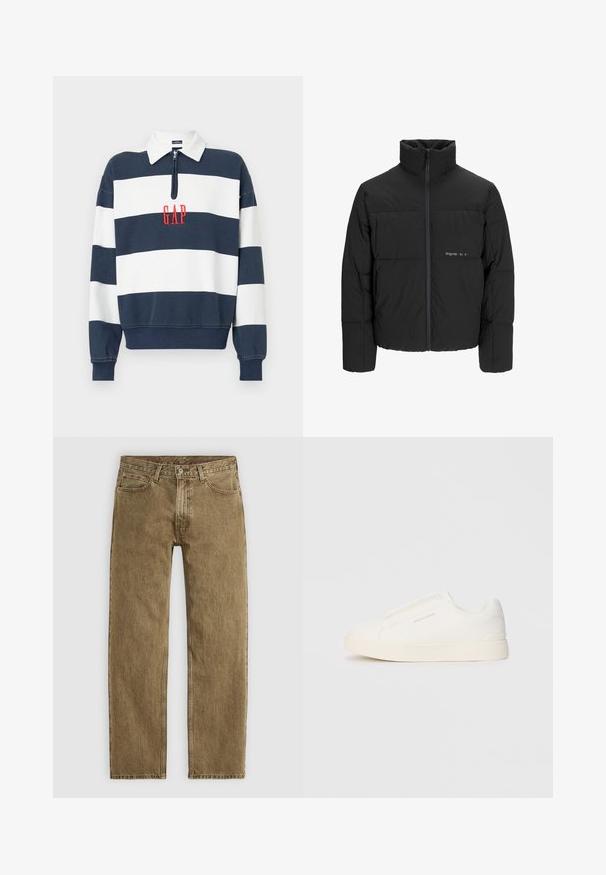 Mustra musta puffer-jakk, millel on kõrge krae, eesne tõmblukku ja tikandiga disain. Sile kangas, millel on rindkeres diskreetne logo.; Tumedate ja valge triibuline kapuutsiga särkkudum, millel on punane brodesign "GAP" logo keskel. Pehme kangas, mugav lõige.; Soehised pruunid denimpüksid sirge jala disainiga, viie tasku stiiliga ja vasktooni riistvara. Tekstureeritud kangas, millel on nähtavad õmbluse detailid.; Valged libisemiskindlad tossud tekstuuriga pinnaga, paksu tallaga ja minimalistikus disainis. Küljel on brändi logo.