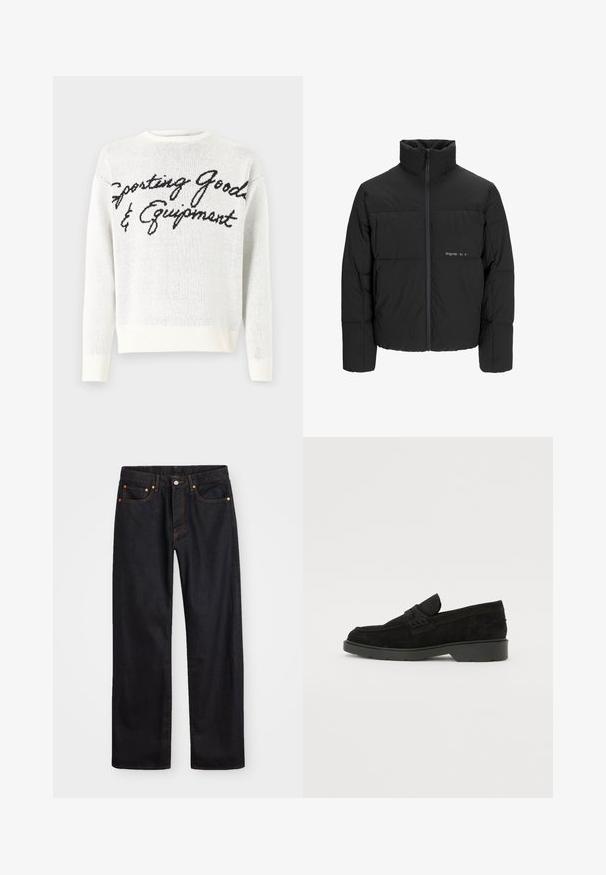 Jachetă puffer neagră, cu guler înalt, închidere cu fermoar pe față și design matlasat. Material neted cu un logo subtil pe piept.; Pulover alb din tricot cu text negru „Bunuri și Echipamente Sportive” pe față, guler rotund și manșete cu nervuri.; Jeans negri din denim pentru bărbați, cu croială dreaptă, cinci buzunare și cusături portocalii, închidere cu nasture și fermoar pe talie.; Mocasiini din suede negru cu tocul jos, având o bandă simplă pe partea superioară și detalii texturate pe laturi.