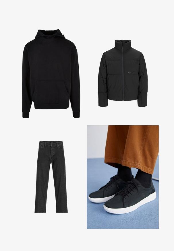 Chaqueta acolchada negra con un alto cuello, cierre frontal de cremallera y diseño acolchado. Tejido suave con un logo sutil en el pecho.; Sudadera con capucha negra hecha de una tela suave, que presenta un bolsillo tipo canguro, puños acanalados y un corte relajado. Textura suave, diseño minimalista.; Jeans de mezclilla negra con un diseño de pierna recta, que cuentan con una bragueta con cremallera, pasadores para cinturón y seis bolsillos, fabricados en una resistente mezcla de algodón.; Zapatillas de ante negro con suelas de goma blanca, que presentan un diseño con cordones, acentos texturizados y una marca sutil, combinadas con pantalones marrones.