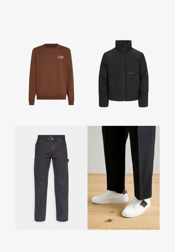 Musta puhvijakku, jossa on korkea kaulus, etuvetoketju ja tikattu muotoilu. Sileä kangas, jossa on hienovarainen logo rinnassa.; Ruskea huppari pitkillä hihoilla ja ribbireunaisella pyöreällä kaula-aukolla. Vasemmassa rinnassa on valkoinen brodeerattu logo. Pehmeä kangas, jossa on sileä rakenne.; Tummanharmaat cargo-housut, jotka on valmistettu kestävästä kankaasta. Niissä on suora lahkeellinen leikkaus, viisi taskua ja nappikiinnitys vyötäröllä.; Valkoiset tennarit, joissa on sileä pinta, ruskealla nahka-akentilla ja mustilla yksityiskohdilla, yhdistetty mustiin räätälöityihin housuihin. Taustalla puulattia.