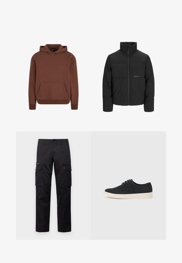 Černá péřová bunda s vysokým límcem, předním zipem a prošívaným designem. Hladká tkanina se subtilním logem na hrudi.; Hnědá mikina s kapucí vyrobená z měkké tkaniny, s klokankou, žebrovanými manžetami a volným střihem.; Černé cargo kalhoty s několika kapsami, zipovou kapsou na stehnu, přímým střihem a pevnou bavlněnou tkaninou s lehkým leskem.; Černé semišové šněrovací boty s kulatou špičkou, lehkou krémovou podrážkou a jemným modrým prošíváním na svršku.