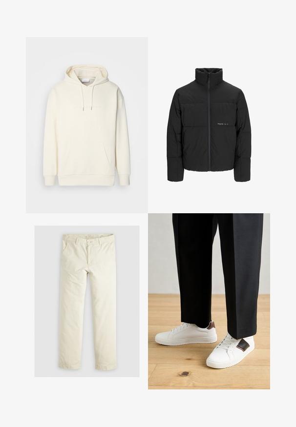 Čierna puffová bunda s vysokým golierom, predným zipsom a prešívaným dizajnom. Hladká tkanina s jemným logom na hrudi.; Krémová mikina s kapucňou vyrobená z mäkkej bavlny, s prednou kapsou, nastaviteľnou šnúrkou na kapucni a nenápadným logom na hrudi.; Svetlo béžové voľné nohavice s troma vreckami, pútky na opasok a rovnými nohavicami. Vyrobené z mäkkej bavlnenej zmesi.; Biele tenisky s hladkým povrchom, s hnedými koženými akcentmi a čiernymi detailmi, spárované s čiernymi elegantnými nohavicami. Pozadím je drevená podlaha.