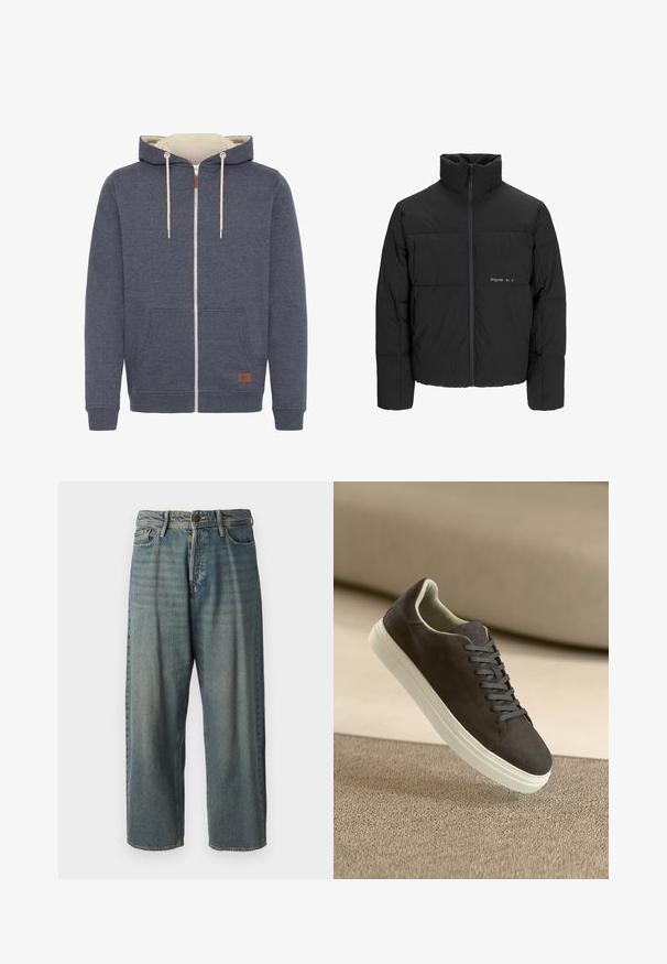 Black puffer jacket featuring a high collar, front zip closure, and quilted design. Smooth fabric with a subtle logo on the chest.; Zippered hoodie in dark blue fabric with cream interior. Features a front pocket, beige drawstrings, and a brown leather logo patch.; Light blue denim jeans with a loose fit, mid-rise waist, and straight legs. Features five pockets, belt loops, and a button closure.; Dark gray suede sneaker with matching laces and white rubber sole, positioned above a textured beige surface with soft background.