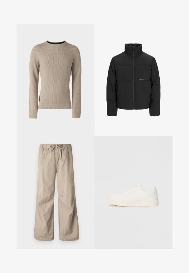 Black puffer jacket featuring a high collar, front zip closure, and quilted design. Smooth fabric with a subtle logo on the chest.; Jack & Jones JJPANNEL - Jumper - crockery; Beige wide-leg pants with an elastic waistband and drawstring. Smooth texture, two side pockets, and minimal seams for a relaxed fit.; White slip-on sneakers with a textured surface, a thick sole, and minimalistic design. Features brand logo on the side.