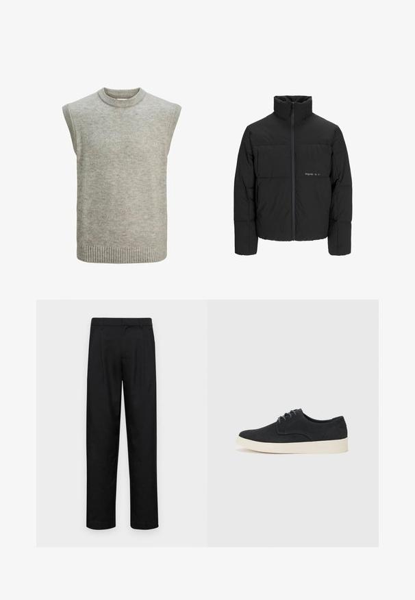 Svart puffjacka med hög krage, främre dragkedjestängning och quiltat mönster. Slätt tyg med en subtil logotyp på bröstet.; Ljusgrå stickad ärmlös tröja med ribbad krage, ärmhål och nederkant.; Svarta byxor i slät väv, med rak ben-design, två framfickor och standardmidja med bälteshällor.; Svart mocka snörskor med rund tå, lätt vit sula och subtila blå sömmar på ovandelen.