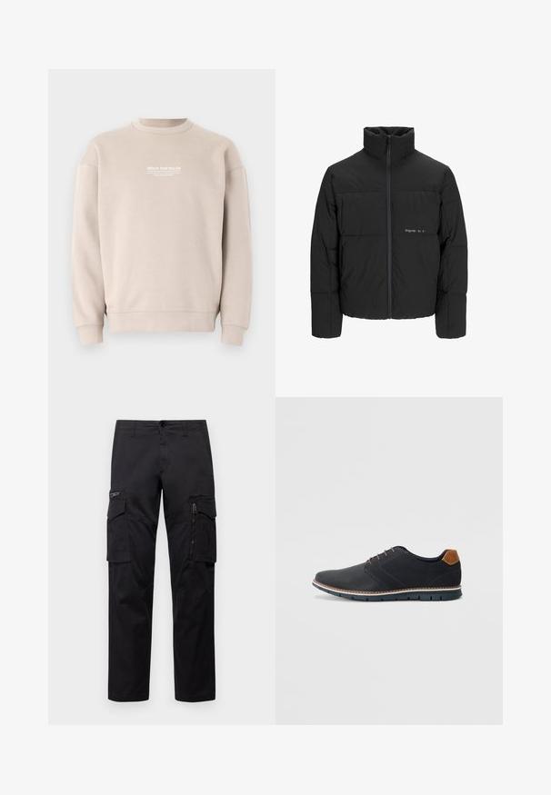Černá péřová bunda s vysokým límcem, předním zipem a prošívaným designem. Hladká tkanina se subtilním logem na hrudi.; Beige mikina vyrobená z měkké tkaniny se střihem s kulatým výstřihem. Na hrudi má bílý textový logo a žebrované manžety a lem.; Černé cargo kalhoty s několika kapsami, zipovou kapsou na stehnu, přímým střihem a pevnou bavlněnou tkaninou s lehkým leskem.; Černé syntetické boty s texturovaným svrškem, hladkými detaily, hnědým podpatkem a kontrastní podrážkou. Obsahují minimální šněrování a švy.