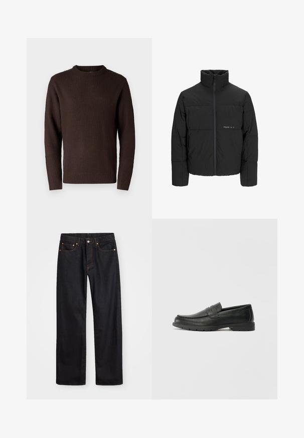 Jachetă puffer neagră, cu guler înalt, închidere cu fermoar pe față și design matlasat. Material neted cu un logo subtil pe piept.; Jack & Jones JJROY KNIT CREW NECK - Pulover - mulch; Jeans negri din denim pentru bărbați, cu croială dreaptă, cinci buzunare și cusături portocalii, închidere cu nasture și fermoar pe talie.; Labeled cu oglindă din piele neagră cu un finisaj neted, partea superioară în stil mocasin, detalii cusute și o talpă din cauciuc. Design clasic cu un toc jos.