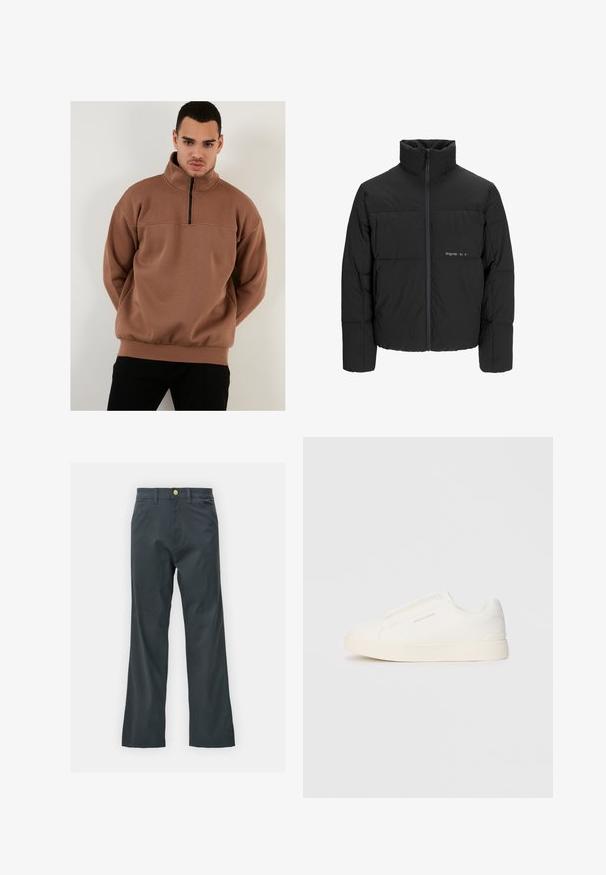 Črni pufast plašč z visokim ovratnikom, sprednjim zadrgo in prešitjem. Gladka tkanina z diskretnim logotipom na prsih.; Rjav pulover s kapuco z zadrgo in visokim ovratnikom, narejen iz mehkega materiala, z udobnim krojem in rebrastimi manšetami ter obrobom.; Črne hlače s ravnim krojem, izdelane iz mešanice bombaža. Imajo kovinsko zaponko in stranske žepe. Brez vidnih vzorcev.; Bele zapete brez vezalk z teksturirano površino, debelim podplatom in minimalističnim dizajnom. Na strani se nahaja logotip blagovne znamke.