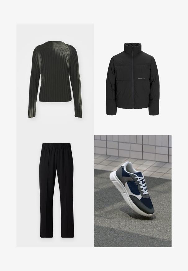 Melnā pūka jaka ar augstu apkakli, priekšējo rāvējslēdzēju un quilted dizainu. Gluda auduma virsma ar maigu logotipu uz krūšu daļas.; Melnā ribotā džemperī ar garām piedurknēm, apaļa kakla izgriezums un faktūru raksts visā audumā. Vienkāršs un pieguļošs dizains.; Melni elastīgi bikses ar taisnas kājas dizainu, ar gludu tekstūru un bez redzamām zīmēm vai detaļām.; Sporta apavi ar tumši zilas krāsas tīkla augšdaļu, pelēku zamšādas akcentiem, baltu gumijas zoli un plakaniem baltiem šņorēm, kas izstrādāti komfortam un elpojamībai.