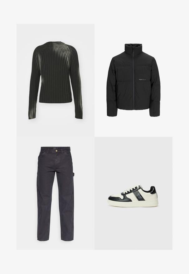 Schwarze Pufferjacke mit hohem Kragen, Front-Reißverschluss und gestepptem Design. Glattes Material mit dezentem Logo auf der Brust.; Schwarzer gerippter Pullover mit langen Ärmeln, der über einen runden Halsausschnitt und ein strukturiertes Muster im gesamten Stoff verfügt. Einfaches und tailliertes Design.; Dunkelgraue Cargo-Hosen aus strapazierfähigem Stoff, mit geradem Bein, fünf Taschen und einem Knopfverschluss an der Taille.; Leder-Sneaker in Schwarz- und Cremetönen, mit perforierten Akzenten, einem gepolsterten Kragen und einer strukturierten Laufsohle.