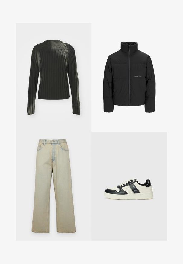 Black puffer jacket featuring a high collar, front zip closure, and quilted design. Smooth fabric with a subtle logo on the chest.; Black ribbed sweater with long sleeves, featuring a round neckline and a textured pattern throughout the fabric. Simple and fitted design.; Light blue wide-leg jeans made of denim with a faded finish. Features five pockets and a front button closure.; Leather sneakers with a black and cream color scheme, featuring perforated accents, a padded collar, and a textured outsole.