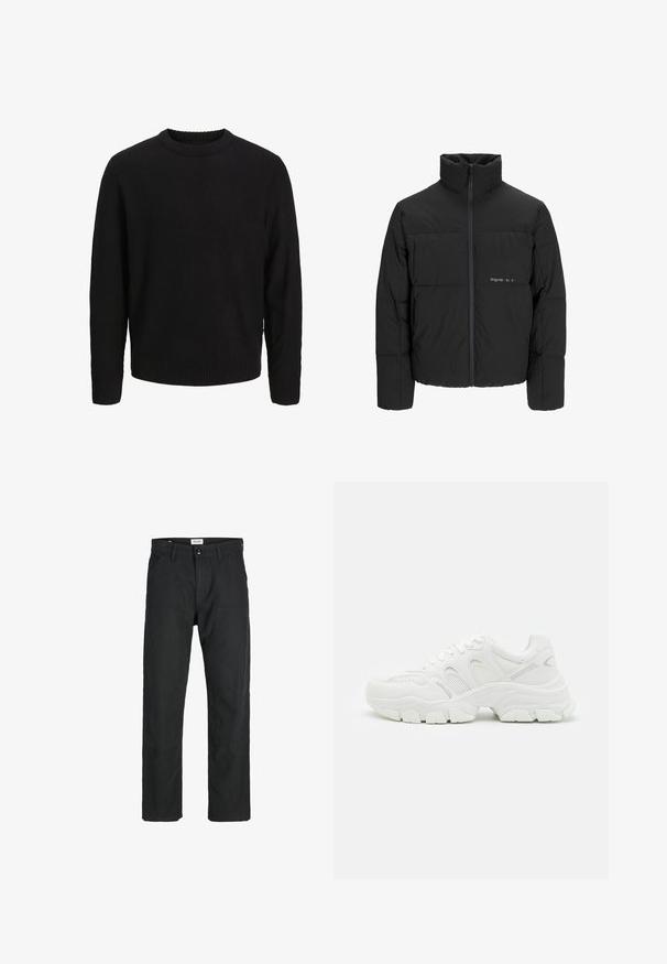 Zwarte pufferjas met een hoge kraag, ritssluiting aan de voorkant en een quilted design. Glad materiaal met een subtiel logo op de borst.; Zwarte gebreide trui met een ronde hals, lange mouwen en geribde manchetten en onderkant. Heeft een gestructureerd patroon over het hele lichaam.; Zwarte broeken gemaakt van duurzame stof, met een recht gesneden ontwerp, gestikte accenten en twee voorzakken voor functionaliteit.; Witte sportsneakers met een bovenwerk van mesh en lederen accenten, een gestructureerde rubberen zool en een robuust ontwerp met opvallende contouren.