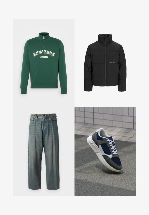 Svart boblejakke med høy krage, frontåpning med glidelås og kviltet design. Glatt stoff med en subtil logo på brystet.; Grønn hettegenser med høy krage, halv-lynlås, med teksten "NEW YORK" og "SCHOTT" i kremfarge. Mykt stoff med ribbestrikkede mansjetter.; Lyseblå denimjeans med løs passform, midjehøyde og rette ben. Har fem lommer, beltehemper og knappelukking.; Sneakers med en navy blå mesh-overdel, grå sømværk, hvit gummisåle og flate hvite snører, designet for komfort og pusteevne.