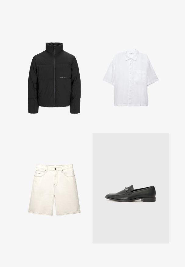 Jachetă puffer neagră, cu guler înalt, închidere cu fermoar pe față și design matlasat. Material neted cu un logo subtil pe piept.; Cămașă albă cu mânecă scurtă, cu închidere butonată în față, guler și un singur buzunar pe piept. Confecționată dintr-un material ușor, cu o textură netedă.; Şorturi din denim alb cu croială dreaptă, cinci buzunare și cusături vizibile. Prezintă o închidere cu buton frontal și un logo mic al brandului pe lateral.; Pantofii negri din piele cu un finisaj neted, având un design cusut și un accent decorativ de lanț metalic peste partea de sus. Toc plat.