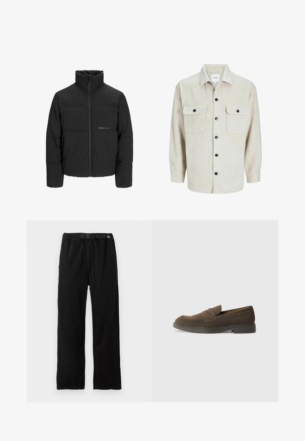 Melnā pūka jaka ar augstu apkakli, priekšējo rāvējslēdzēju un quilted dizainu. Gluda auduma virsma ar maigu logotipu uz krūšu daļas.; Bēža flaneļa krekls ar apkakles dekoltē, ar divām krūšu kabatām, melniem pogām un garām piedurknēm ar pogu aprocēm.; Melnas, vieglas bikses ar elastīgu jostas daļu un regulējamu jostu, ar taisnu kāju dizainu un gludu tekstūru.; Brūni zamša loaferi ar noapaļotu purngalu, siksnu virs apaviem un plakanu gumijas zoli. Vienkāršs dizains ar tīrām līnijām un minimālu detaļu skaitu.