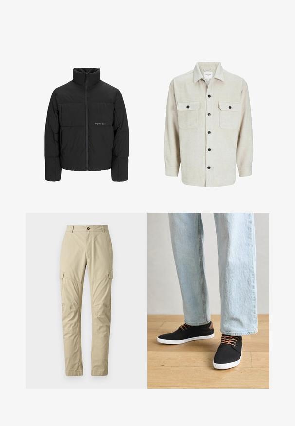 Čierna puffová bunda s vysokým golierom, predným zipsom a prešívaným dizajnom. Hladká tkanina s jemným logom na hrudi.; Bežová flanelová košeľa s golierom, obsahujúca dve náprsné vrecká, čierne gombíky a dlhé rukávy s gombíkovými manžetami.; Béžové cargo nohavice vyrobené z ľahkého materiálu, s viacerými vreckami, zapínaním na gombík a zúženým strihom nohavíc. Hladká štruktúra.; Čierne plátenné tenisky s hnedými akcentmi, bielymi gumovými podrážkami a hnedými šnúrkami, skombinované so svetlomodrými rovnými džínsami. Pozadie s drevenou podlahou.