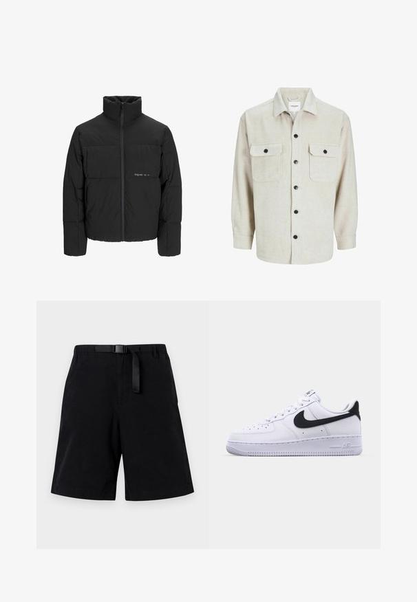 Black puffer jacket featuring a high collar, front zip closure, and quilted design. Smooth fabric with a subtle logo on the chest.; Beige flannel shirt with a collared neckline, featuring two chest pockets, black buttons, and long sleeves with buttoned cuffs.; Black shorts made from smooth fabric, featuring a black belt and a single front pocket. Straight-cut design with a hemmed bottom.; White leather sneaker with a textured black Swoosh, flat laces, and a rubber sole featuring a ridged pattern. "AIR" is embossed on the heel.