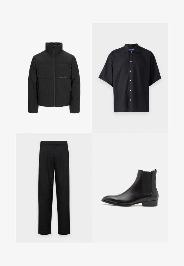 Black puffer jacket featuring a high collar, front zip closure, and quilted design. Smooth fabric with a subtle logo on the chest.; Short-sleeve black shirt made of lightweight fabric, featuring a pointed collar and front button closure with white buttons.; Black trousers made of smooth fabric, featuring a straight-leg design, two front pleats, and standard waistband with belt loops.; ALDO BERT - Classic ankle boots - black