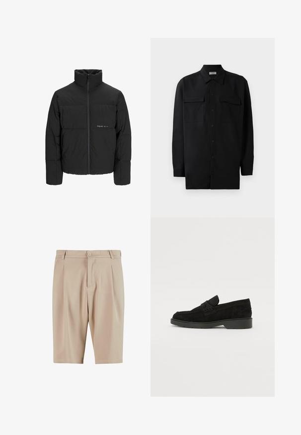 Crna puffer jakna s visokim ovratnikom, prednjim zatvaračem i kviltanim dizajnom. Glatka tkanina s suptilnim logotipom na prsima.; Crna košulja s dugim rukavima od glatkog materijala, s klasičnom kragnom, dva prednja džepa i dugmadima na manžetama.; Bež fazonske kratke hlače s nabora, s kopčanjem na dugme i klasičnim dizajnom. Glatka tekstura, dužina do koljena, bez vidljivih džepova.; Crne samočiste čizme od nubuka s niskim potpeticama, s jednostavnom trakom na gornjem dijelu i teksturiranim detaljima uz bočne strane.