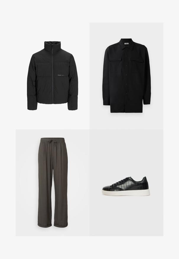 Zwarte pufferjas met een hoge kraag, ritssluiting aan de voorkant en een quilted design. Glad materiaal met een subtiel logo op de borst.; Zwarte button-up shirt gemaakt van gladde stof, met een klassieke kraag, twee voorzakken en lange mouwen met knopenmanchetten.; Donkergrijze wijde broek met een koord in de taille, gemaakt van een zachte, gestructureerde stof, met opgerolde manchetten bij de enkels.; Zwarte sneakers met een gestructureerde leren bovenkant met krokodilpatroon, een ronde neus en een contrasterende witte rubberen zool met een gladde afwerking.