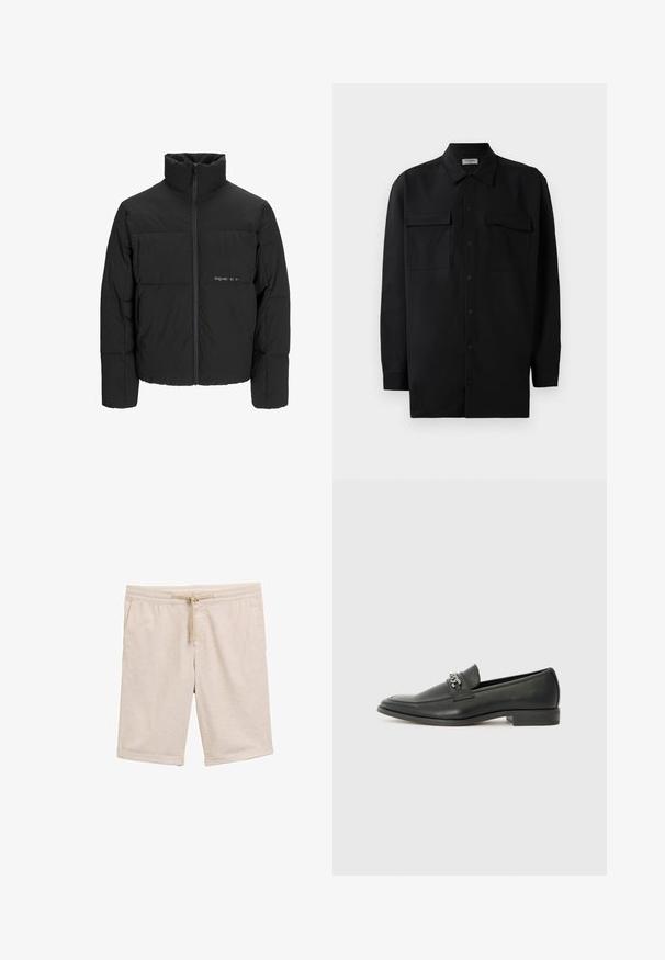 Fekete puff dzseki magas gallérral, elülső cipzárral és steppelt kialakítással. Simaságú anyag, finom logóval a mellkason.; Fekete gombos ing, sima anyagból készült, klasszikus gallérral, két elülső zsebbel és hosszú ujjakkal, amelyek gombos mandzsettával záródnak.; Beige pamut keverék sort, gumis derekú, fűzővel és felgöngyölt ujjal. Simaság jellemzi, nincs rajta minta vagy fém alkatrész.; Fekete bőr loaferek sima felülettel, varrott mintával és díszítő fém lánccal a cipő elején. Lapos sarok.