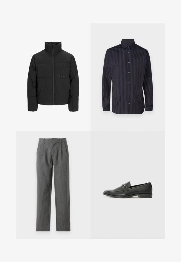 Czarna kurtka puchowa z wysokim kołnierzem, z przodu na zamek błyskawiczny i pikowanym wzorem. Gładki materiał z subtelnym logo na piersi.; Granatowa koszula w pionowe brązowe paski, z długimi rękawami, kołnierzykiem zapinanym na guziki oraz sześcioma guzikami z przodu, charakteryzująca się gładką fakturą materiału.; Szare, prążkowane spodnie wykonane z teksturowanej tkaniny. Posiadają wysoki stan, fałdy oraz prosty krój nogawek.; Czarne skórzane mokasyny o gładkim wykończeniu, z haftowanym wzorem i dekoracyjnym akcentem z metalowego łańcucha na wierzchu. Płaska pięta.