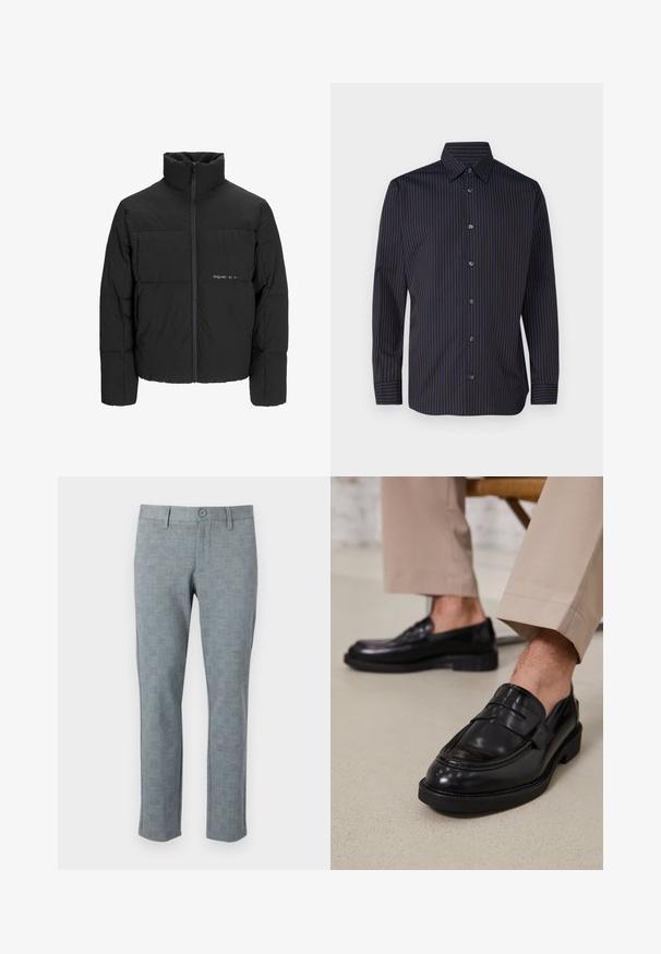 Zwarte pufferjas met een hoge kraag, ritssluiting aan de voorkant en een quilted design. Glad materiaal met een subtiel logo op de borst.; Marineblauwe shirt met verticale bruine strepen, lange mouwen, button-down kraag en zes knopen aan de voorkant, met een soepele stof textuur.; Grijze textuur broek met een subtiel ruitpatroon. Heeft een knoopsluiting en een recht model, gemaakt van een lichte stof.; Zwarte leren loafers met een gladde afwerking, voorzien van een decoratieve band en contrasterende stiksels, gecombineerd met beige broeken.