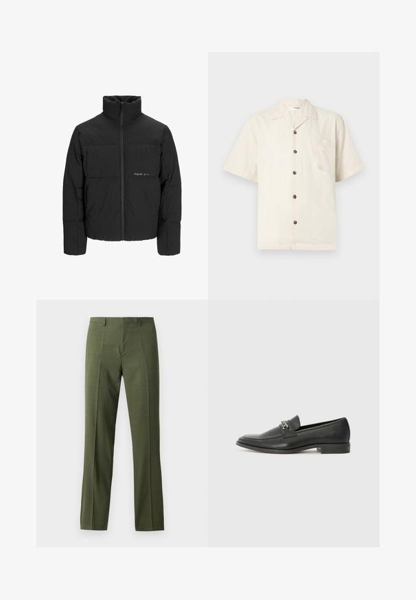 Svart puffjacka med hög krage, främre dragkedjestängning och quiltat mönster. Slätt tyg med en subtil logotyp på bröstet.; Kortärmad skjorta i off-white, tillverkad av lätt tyg, med notchad krage, bröstfick och mörkbruna knappar.; Olivgrön skräddarsydda byxor med slät textur, rak klippning och veck framtill, designade för formella eller semiformal tillfällen.; Svart läderloafers med en slät yta, med en sydd design och en dekorativ metallkedjeaccent över västen. Platt häldesign.