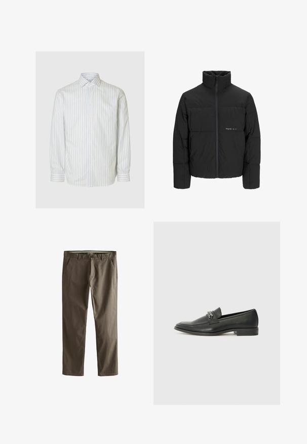 Juodas pūkinis švarkas su aukštu apykakle, priekiniais užtrauktukais ir kvadratinės siuvimo dizainu. Lygus audinys su subtiliu logotipu krūtinėje.; Balta ilga rankovėmis marškiniai su mėlynomis vertikaliomis juostelėmis, mygtukų užsegimas ir klasikinis apykaklė. Pagaminta iš lygaus audinio, turi pritaikytą siluetą.; Rudos medvilnės chinos kelnės su tiesiomis kojomis, priekinėmis kišenėmis ir mygtukų uždarymu. Išsiskiria lygiu paviršiumi ir tvarkingais linijomis.; Juodos odinės loafer tipo bateliai su lygiu paviršiumi, turintys siuvinėtą dizainą ir dekoratyvų metalo grandinėlės akcentą ant batų viršaus. Plokščias kulnas.
